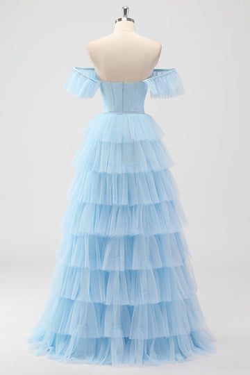 Bleu ciel Épaule Dénudée Corset À Niveaux Robe de demoiselle d’honneur Une Ligne